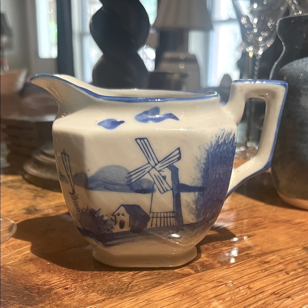 Vintage Blue & White Windmill Porcelain Creamer Made in Japan.  3 1/2” x 4 1/2”